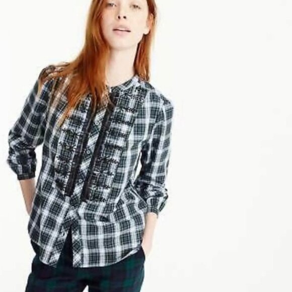 J Crew Plaid Shirt Button Front Bead Detail Cotton Womens Small - Picture 1 of 9